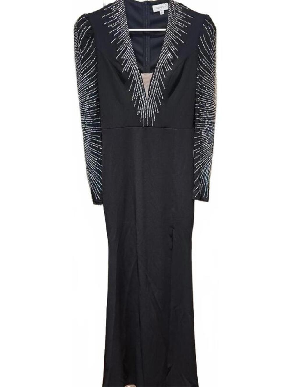 Faeriesty Elegant Black Evening Dress, Sparkle  Deep V Neck, High Slit,  Size S